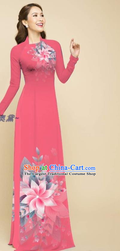 Traditional Vietnamese Ao Dai Qipao Dress with Loose Pants Clothing Vietnam Beauty Fashion Deep Pink Oriental Cheongsam Outfits