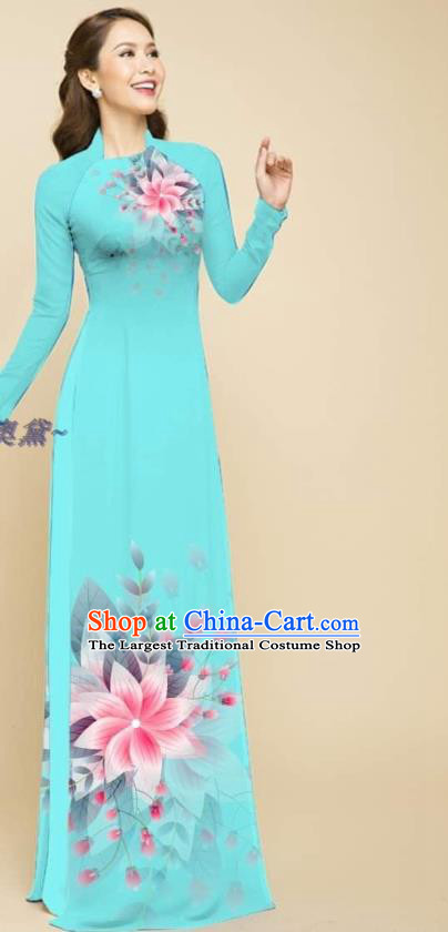 Traditional Oriental Cheongsam Vietnamese Ao Dai Qipao Dress with Loose Pants Outfits Vietnam Beauty Fashion Light Blue Clothing