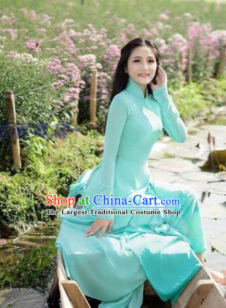 Asian Chinese Light Blue Qipao Vietnamese Women Costumes Custom Vietnam Classical Cheongsam with Pants Traditional Ao Dai Dress Clothing