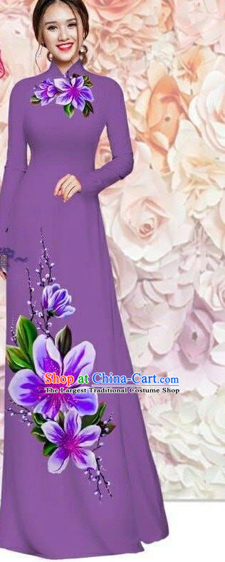 Custom Violet Qipao Vietnam Classical Cheongsam with Pants Traditional Ao Dai Dress Asian Vietnamese Women Clothing