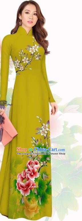 Olive Green Vietnamese Ao Dai Dress with Pants Women Classical Printing Cheongsam Traditional Clothing Asian Vietnam Custom Qipao