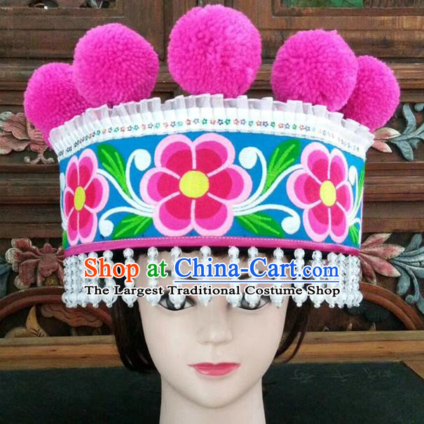 Chinese Traditional Yunnan Yi Nationality Embroidered Hat Ethnic Women White Beads Tassel Headwear
