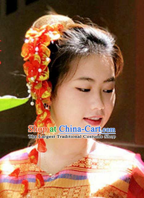 Chinese Traditional Ethnic Hair Accessories Dai Nationality Bride Red Silk Flowers Hair Claw Yunnan Women Tassel Headpiece