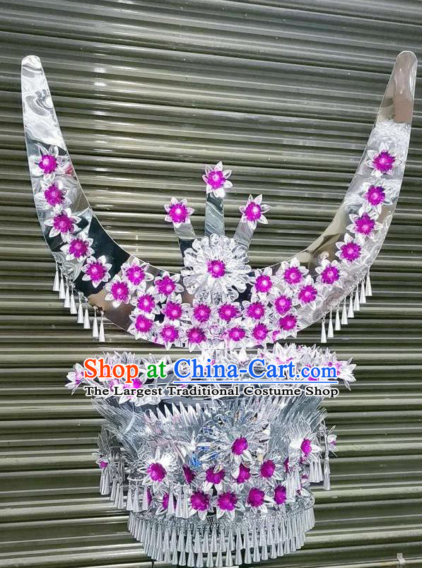 Chinese Traditional Ethnic Hair Coronet Minority Women Folk Dance Hair Accessories Guizhou Miao Nationality Wedding Rosy Flowers Hat
