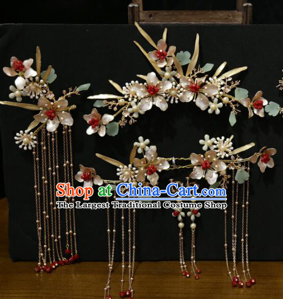 Chinese Bride Peach Blossom Hair Crown Xiuhe Suit Hair Accessories Traditional Wedding Tassel Hairpins Full Set