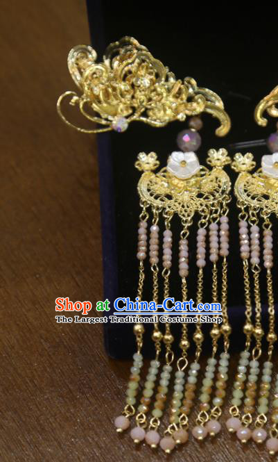 Chinese Traditional Golden Hair Sticks Classical Wedding Hair Accessories Xiuhe Suit Beads Tassel Hairpins