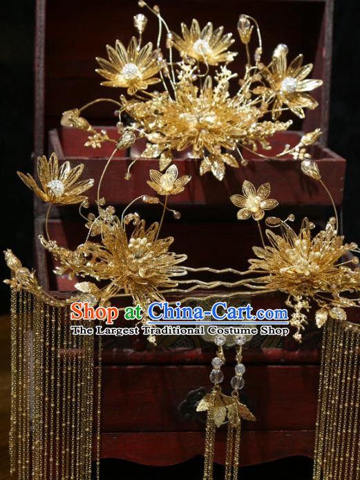 Chinese Wedding Golden Flowers Hairpins Traditional Classical Hair Accessories Xiuhe Suit Hair Comb Full Set