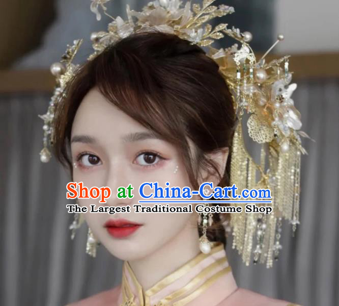 Chinese Golden Hair Crown Xiuhe Suit Phoenix Coronet Traditional Wedding Hair Accessories Full Set