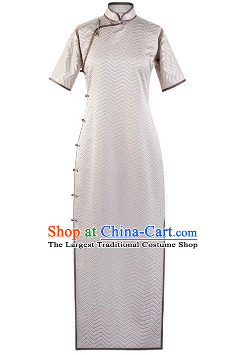 Republic of China Women Retro Cheongsam Traditional National Costume Classical Beige Silk Qipao Dress