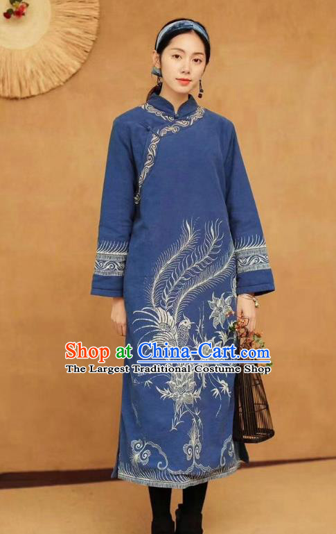 Chinese Retro Batik Blue Qipao Dress Traditional Women Cotton Padded Robe Clothing National Embroidered Phoenix Cheongsam