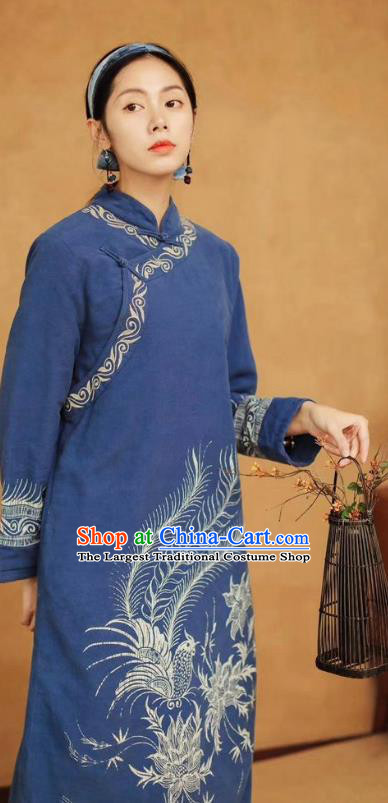 Chinese Retro Batik Blue Qipao Dress Traditional Women Cotton Padded Robe Clothing National Embroidered Phoenix Cheongsam