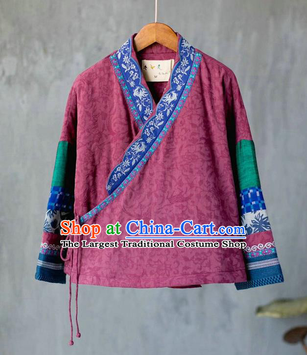 China Traditional Embroidered Tang Suit Outer Garment Costume National Purplish Red Flax Quilted Jacket Women Winter Coat
