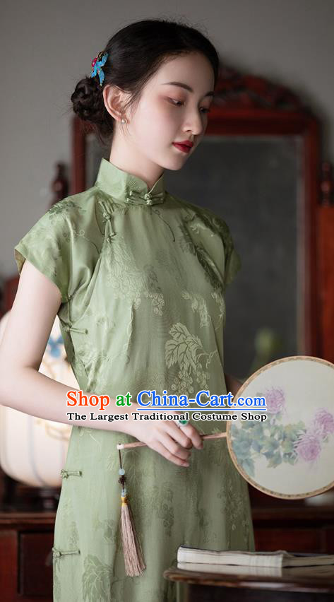 Chinese Traditional Grape Pattern Light Green Silk Cheongsam National Women Classical Qipao Dress Costume