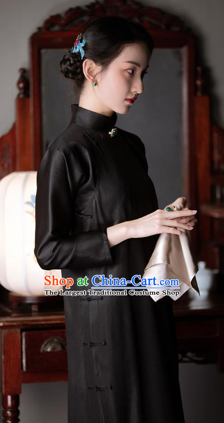 Chinese Traditional Classical Black Silk Qipao Dress National Women Costume Long Sleeve Cheongsam