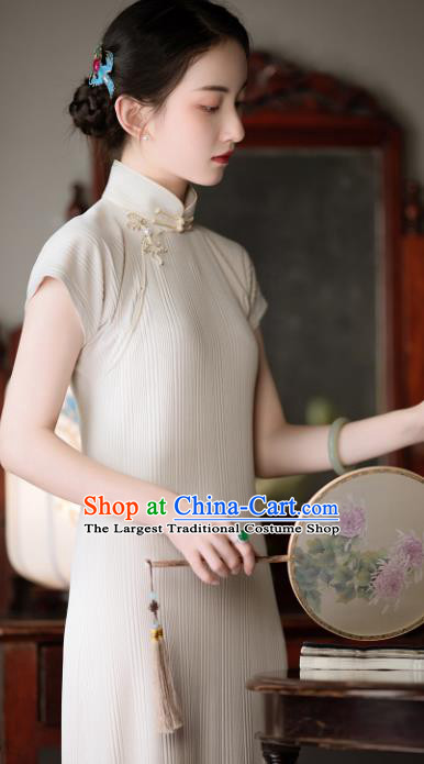 Chinese Classical Beige Long Qipao Dress Traditional National Women Cheongsam Costume