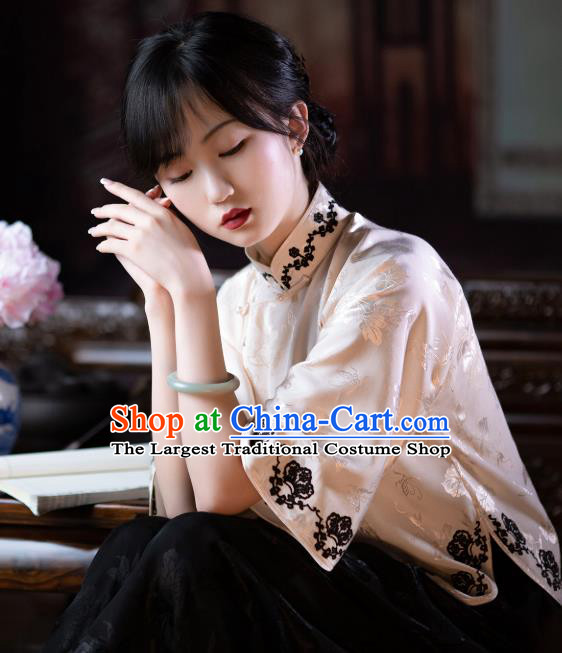 Chinese Traditional Stand Collar Shirt Classical Embroidered Beige Silk Blouse Tang Suit Upper Outer Garment Clothing for Women