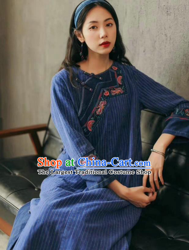 Chinese Retro Embroidered Blue Qipao Dress Traditional Women Clothing National Corduroy Cheongsam