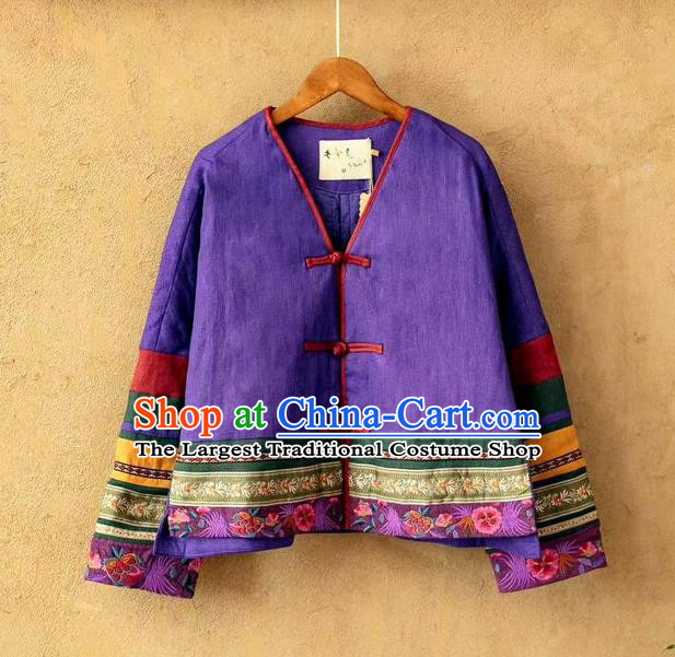 China National Purple Flax Cotton Padded Jacket Traditional Winter Costume Women Tang Suit Embroidered Coat