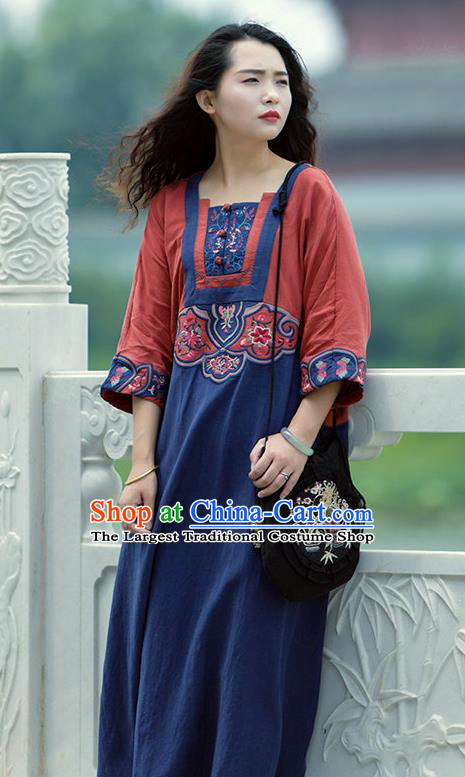 Chinese National Navy Flax Dress Women Traditional Embroidered Robe Clothing