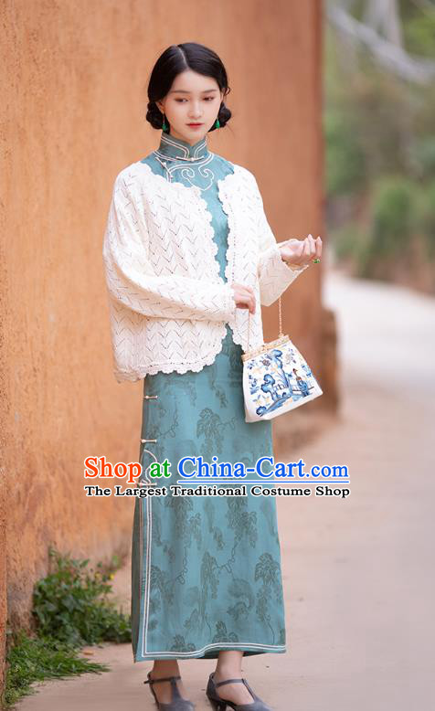 Republic of China Traditional Drape Pattern Green Silk Qipao Classical Costume Women Dress National Cheongsam