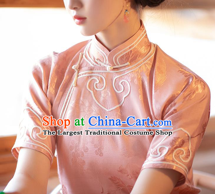 Republic of China Traditional Grape Pattern Pink Silk Qipao Classical Costume Women Dress National Embroidered Cheongsam