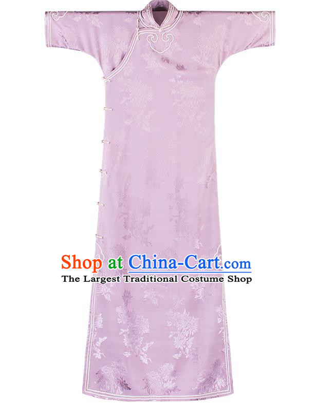Republic of China Classical Costume Women Dress National Embroidered Cheongsam Traditional Grape Pattern Lilac Silk Qipao