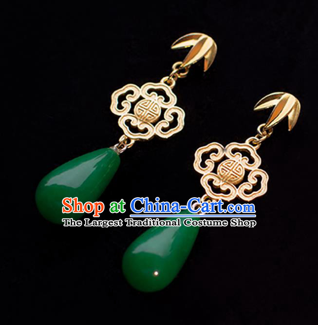 Chinese Classical Golden Bamboo Leaf Earrings Traditional Handmade Qing Dynasty Jade Ear Accessories