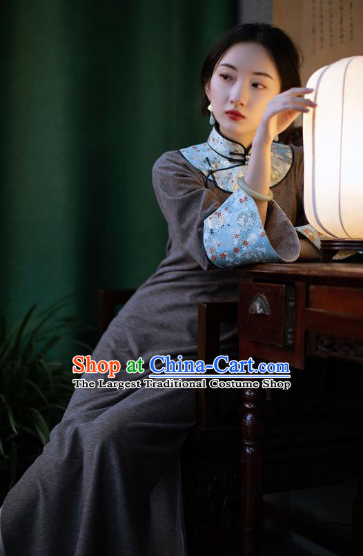 China Traditional Winter Costume National Women Dress Classical Cheongsam Brown Woolen Qipao