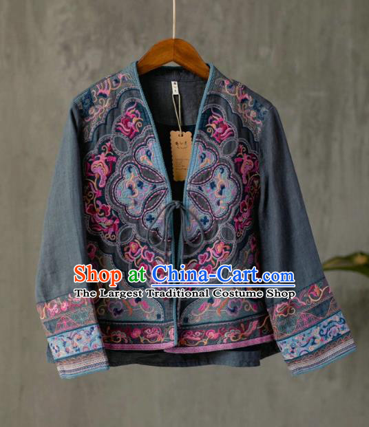 China Traditional Women Outer Garment Tang Suit Costume National Embroidered Grey Flax Jacket