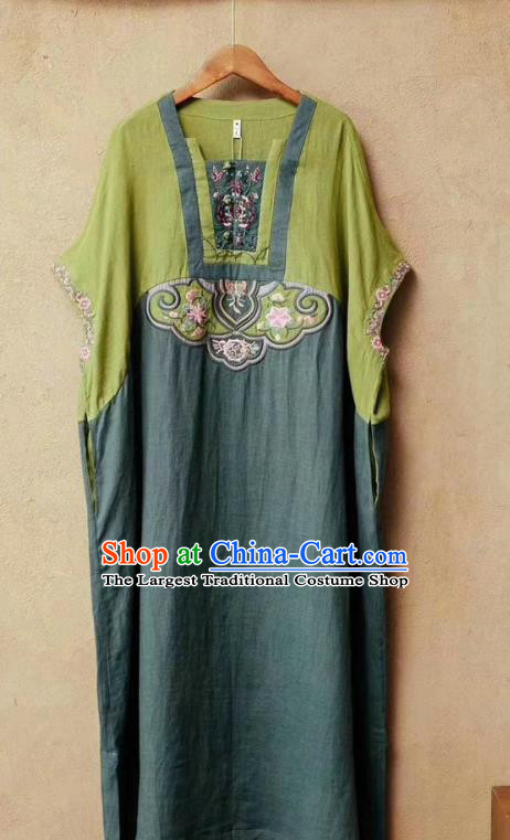 Chinese Traditional Women Fashion Embroidered Green Flax Dress National Clothing