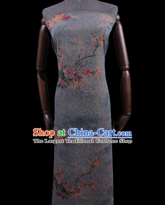 Asian Cheongsam Light Blue Watered Gauze Cloth Fabric Traditional Chinese Classical Peony Plum Pattern Silk Drapery