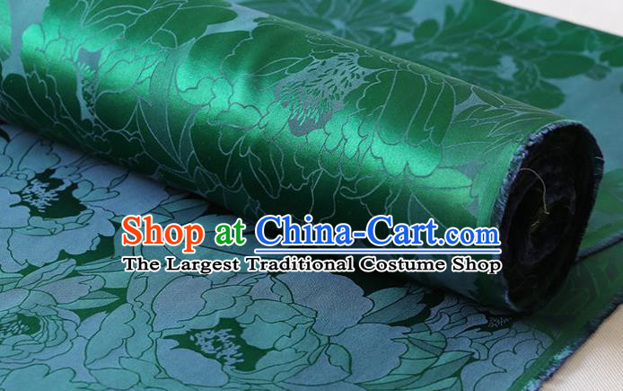 Chinese Classical Royal Peony Pattern Satin Fabric Traditional Green Silk Drapery Cheongsam Cloth