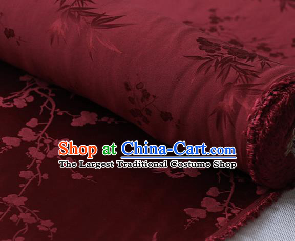 Chinese Cheongsam Dark Red Silk Drapery Cloth Traditional Classical Plum Orchid Bamboo Pattern Satin Fabric