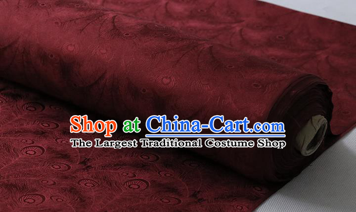 Chinese Purplish Red Silk Fabric Cheongsam Classical Phoenix Feather Pattern Silk Drapery Traditional Jacquard Cloth