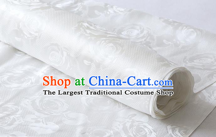 Chinese Classical Hollowed Rose Pattern Damask Fabric Traditional Cheongsam Jacquard Cloth White Silk Drapery