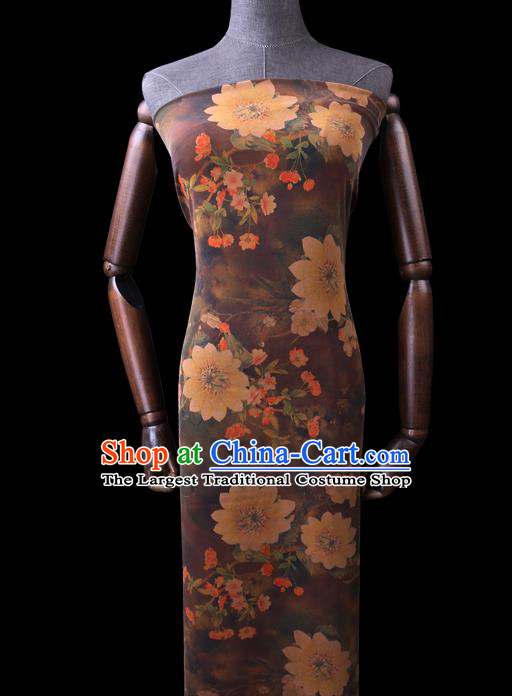 Chinese Classical Pear Blossom Pattern Silk Drapery Gambiered Guangdong Gauze Traditional Cheongsam Brown Silk Fabric