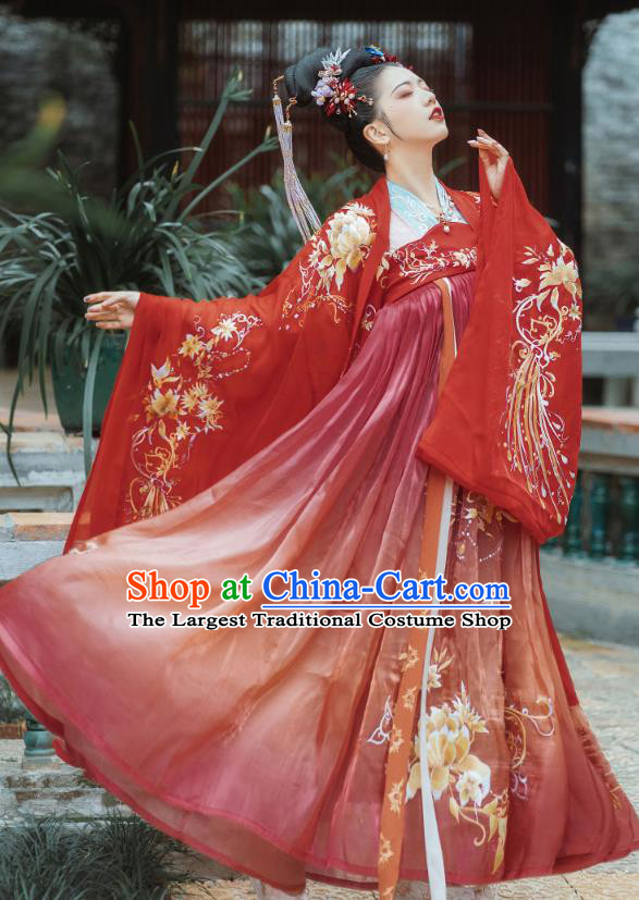 China Ancient Tang Dynasty Palace Lady Costumes Traditional Red Hanfu Dress Embroidered Classical Dance Clothing