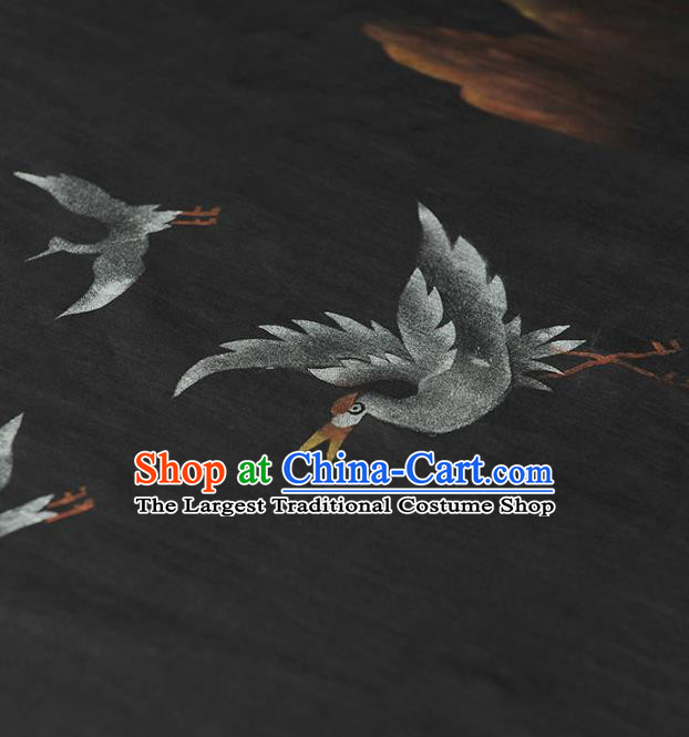 Chinese Classical Cranes Pattern Silk Drapery Traditional Gambiered Guangdong Gauze Cheongsam Black Satin Fabric