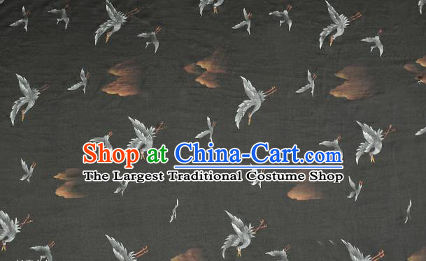 Chinese Classical Cranes Pattern Silk Drapery Traditional Gambiered Guangdong Gauze Cheongsam Black Satin Fabric
