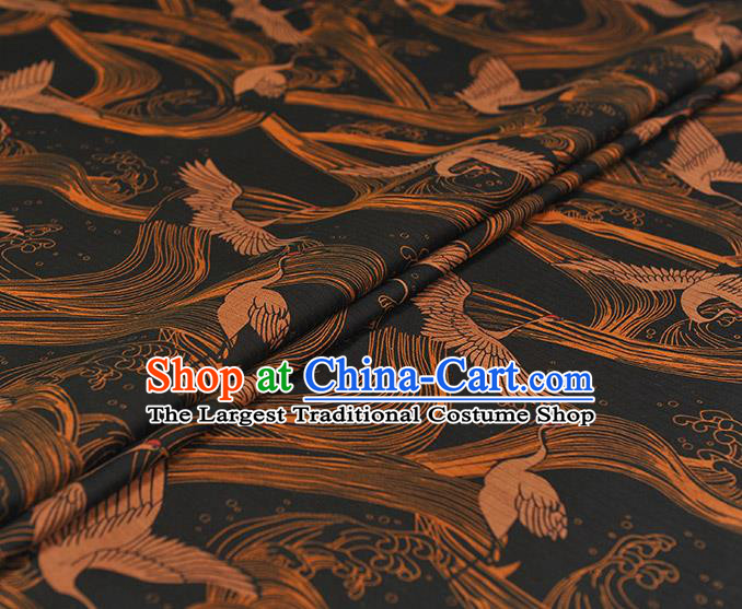 Chinese Classical Double Cranes Pattern Gambiered Guangdong Gauze Cheongsam Silk Fabric Traditional Black Silk Drapery