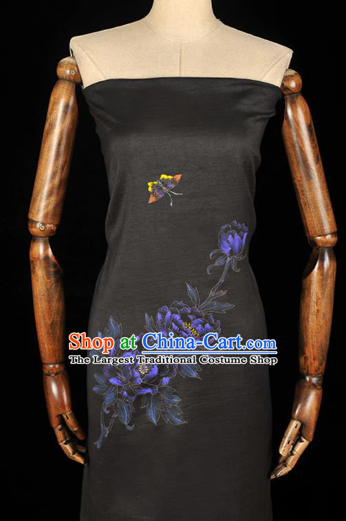 China Jacquard Satin Traditional Classical Printing Peony Butterfly Pattern Black Silk Fabric Cheongsam Cloth