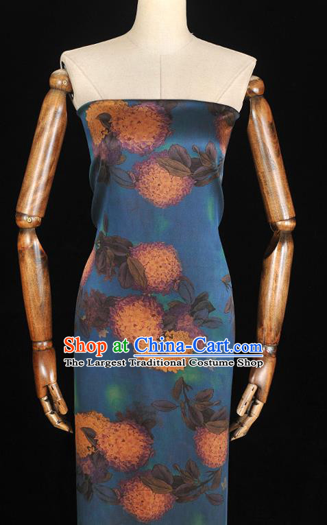 Chinese Classical Hydrangea Pattern Jacquard Satin Blue Gambiered Guangdong Gauze Traditional Cheongsam Cloth Silk Fabric