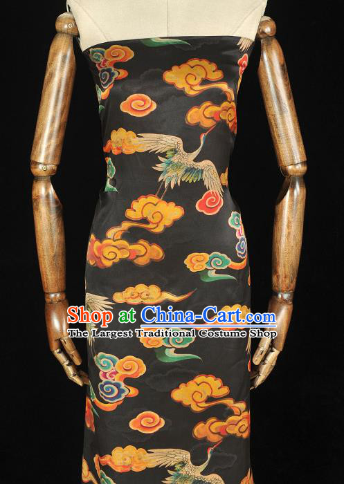 Chinese Traditional Cheongsam Black Satin Cloth Gambiered Guangdong Gauze Classical Cloud Crane Pattern Silk Jacquard Fabric