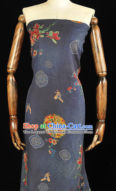 Top Traditional Peony Butterfly Pattern Navy Gambiered Guangdong Gauze Fabric Chinese Classical Cheongsam Silk Material