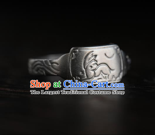 China Ming Dynasty Silver Ring Ancient Princess Carving Rabbit Finger Ring for Women