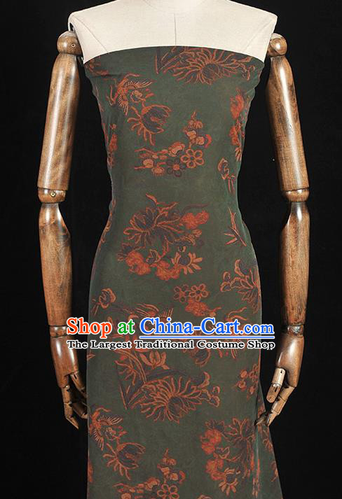 Top Gambiered Guangdong Gauze Cheongsam Fabric Chinese Traditional Chrysanthemum Pattern Deep Green Silk Drapery