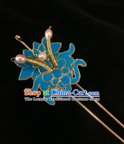 China Ancient Hanfu Pearls Hairpin Handmade Hair Accessories Traditional Ming Dynasty Blue Bat Hair Stick