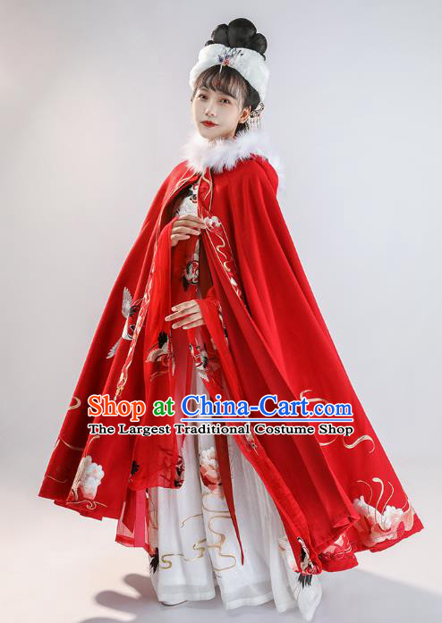 China Ancient Noble Woman Historical Clothing Traditional Hanfu Cape Ming Dynasty Court Princess Embroidered Red Cloak