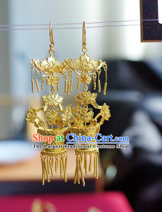 Handmade Chinese Traditional Ancient Queen Golden Flower Basket Earrings Accessories Ming Dynasty Court Ear Jewelry
