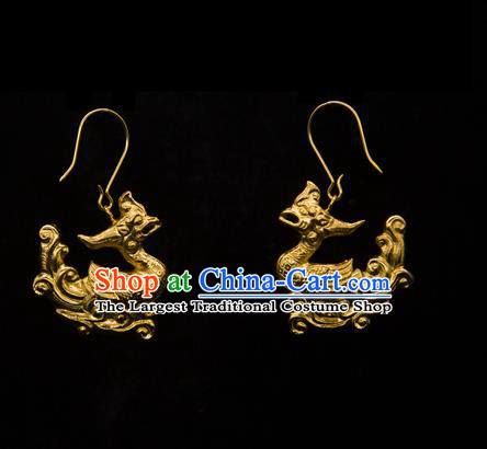 Handmade Chinese Ancient Empress Golden Phoenix Ear Jewelry Traditional Song Dynasty Palace Earrings Accessories